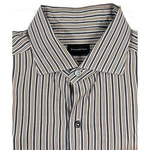 Ermenegildo Zegna Designer Dress Shirt Mens XL Brown Blue Striped Cotton Italy